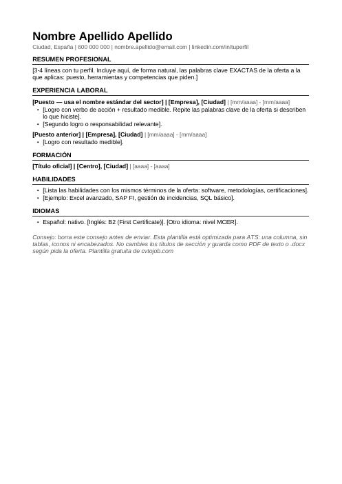 Vista previa de la plantilla de CV optimizada para ATS en Word