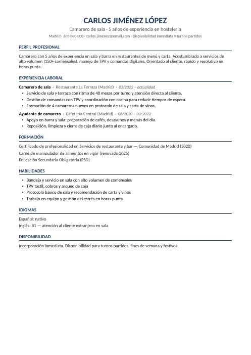 Vista previa de la plantilla de CV para camarero en Word, con ejemplo de hostelería