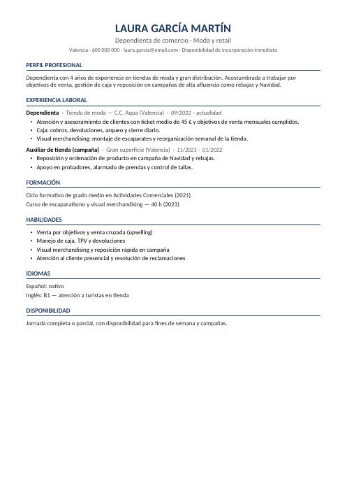 Vista previa de la plantilla de CV para dependiente de tienda en Word