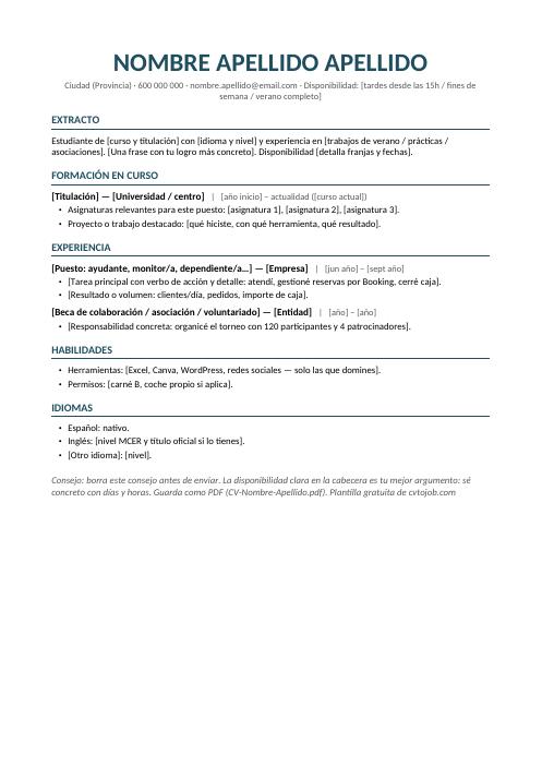 Plantilla de CV para estudiantes en Word, ejemplo