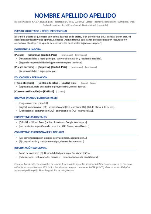 Vista previa de la plantilla de CV Europass en Word, en español y lista para editar