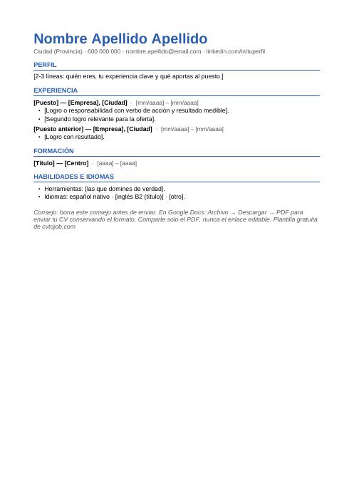 Vista previa de la plantilla de CV para Google Docs, editable online