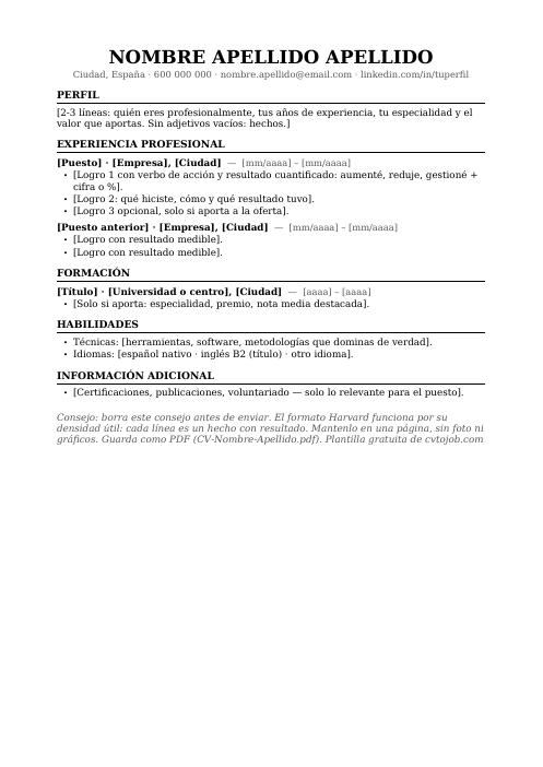 Plantilla CV formato Harvard en Word, ejemplo