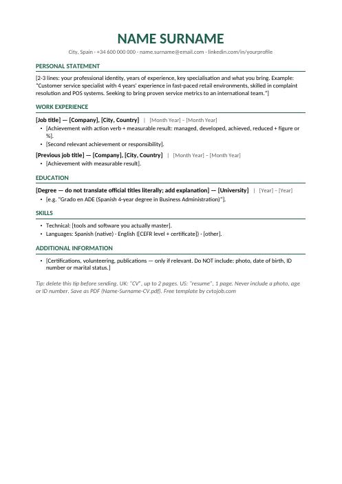 Plantilla de CV en inglés en Word, ejemplo
