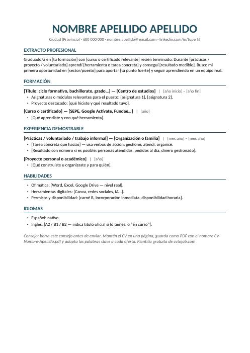 Plantilla de CV sin experiencia en Word, ejemplo